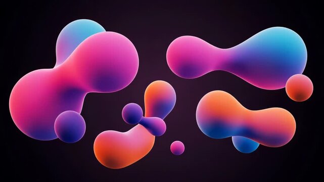 Abstract 3d render of colorful fluid blobs and shapes with neon gradient colors on a dark background, resembling organic molecules