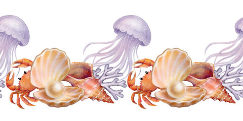 Seamless marine border featuring crab, jellyfish, open seashell with pearl, and violet coral. Watercolor illustration on white background. Perfect for cards, invitations, packaging, and decor.