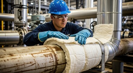 A worker inspecting a pipeline in an industrial setting, safety glasses and a blue safety helmet