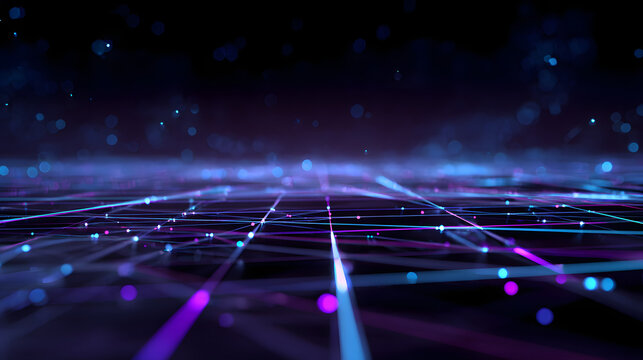Futuristic glowing data grid with neon nodes in a minimalist top-down cyberspace view