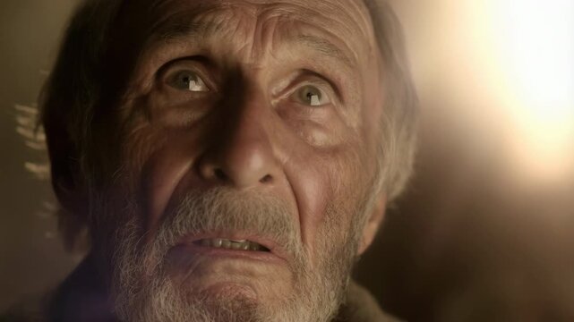 Close-up of biblical apostle gazing upward in divine light with expression of awe, faith and revelation. Spiritual moment of connection, devotion and reflection in ancient sacred setting