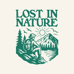 Obraz premium Vintage Handdrawn Person Hiking to Mountain Adventure Outdoor Illustration