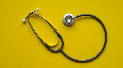 A medical stethoscope arranged in a heart shape on a vibrant yellow background symbolizing care and health