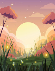 Magical Sunset Meadow with Fireflies and Fantasy Trees