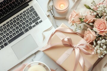 Luxury gift box tied with satin ribbon, open laptop showing premium store in soft beige and blush tones, candle and flowers nearby