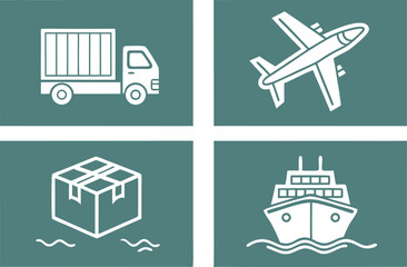 Illustration showing different modes of transportation including truck airplane package and ship on green background