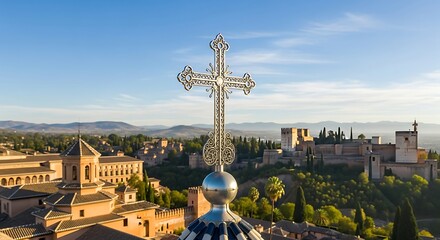 The iconic cross atop Granada Cathedral in Spain, viewed against the stunning backdrop of the city, A panoramic view of the city of Granada Spain showcasing the cathedral's cross