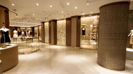 Modern clothing store interior with shoes and accessories displayed in an elegant showcase design
- Powered by Adobe