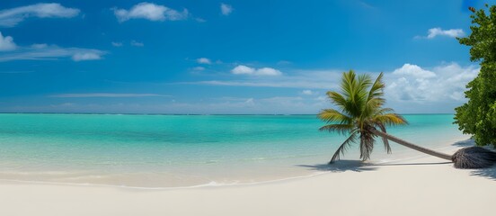 Tropical Paradise Escape: A serene tropical beach scene, featuring a leaning palm tree, stretches towards a crystal-clear turquoise sea under a vibrant blue sky.