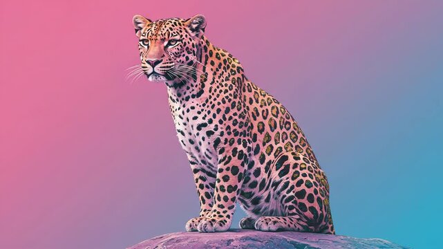 A majestic leopard with its distinctive spotted coat sits regally on a rock against a vibrant pink and blue gradient background
