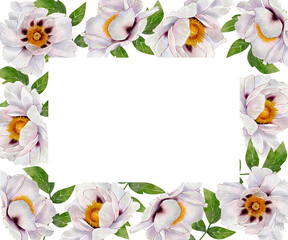Rectangular floral frame with white peonies and orange roses. Watercolor illustration. Hand-painted composition on white background. Ideal for cards, weddings, birthdays, funerals, and invitations.