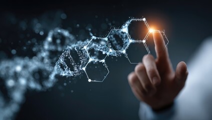 Hand interacting with glowing DNA-like structure