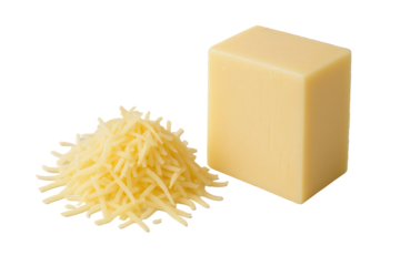 Close-up view of a block of yellow cheese alongside a pile of finely shredded cheese, highlighting dairy product preparation.