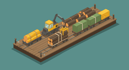 Isometric train transporting logs and freight on wooden platform