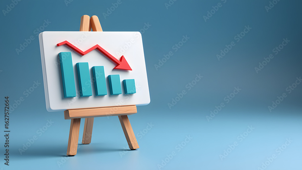 Poster a small easel displaying a graphic of declining bar graph, symbolizing economic downturn.
