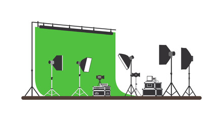 Photography studio setup with green screen and lighting equipment