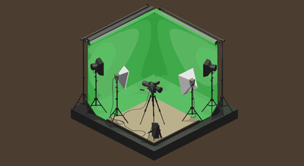 Isometric photography studio with green screen and professional lighting setup