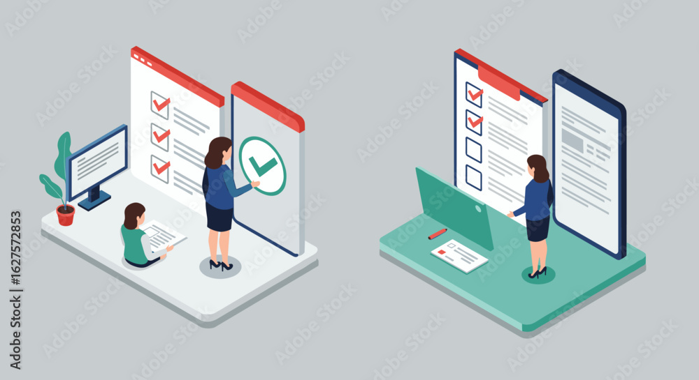 Poster isometric office task management with digital checklists and laptops