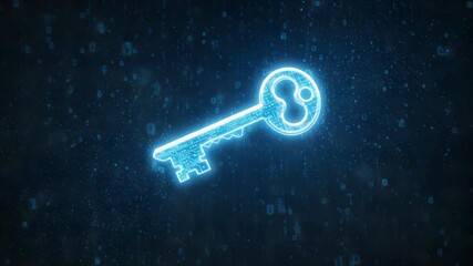 A glowing blue digital key icon made of particles against a dark, binary code background, symbolizing technology and security - Powered by Adobe