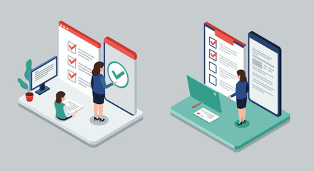 Isometric office task management with digital checklists and laptops