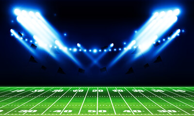 Football arena field and floodlights Bright stadium arena lights blue lights Background Concept vector design