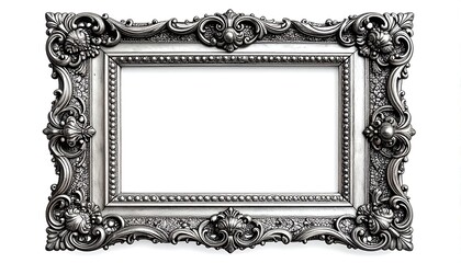 Ornate silver rectangular picture frame isolated on white