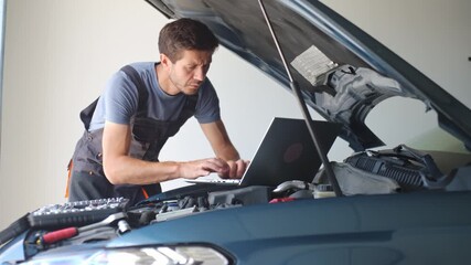 Auto mechanic using laptop for diagnostics vehicle engine in auto repair shop. Man in work overalls standing near car with open hood in garage. Vehicle maintenance and diagnostics concept - Powered by Adobe