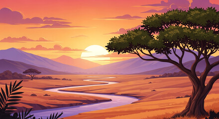 Beautiful illustration of a serene African savanna landscape with a winding river at sunset.