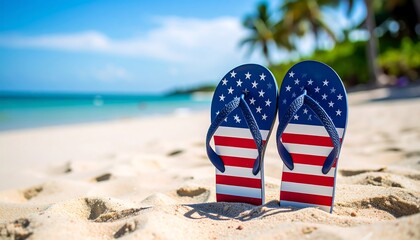 Patriotic flip-flops in sand on a tropical beach