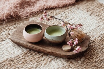 Soft aesthetic of matcha tea being whisked slowly, steam rising, hands in focus with warm wooden textures and calm ambiance