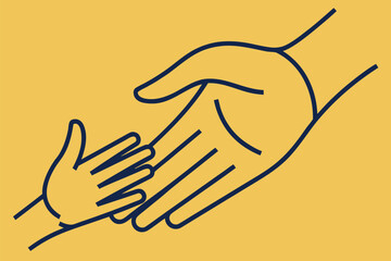 Two hands one large and one small reaching towards each other in a supportive gesture on a yellow background