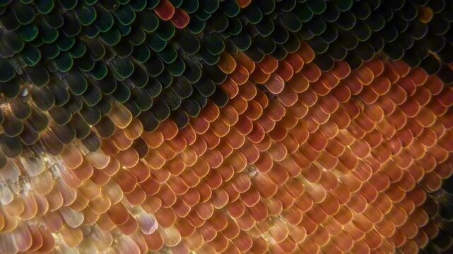 Scaled surface displays an array of overlapping shieldlike shapes in gradients from green to orange arranged in a diagonal pattern
