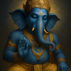 Blue Ganesha Statue with Golden Ornaments