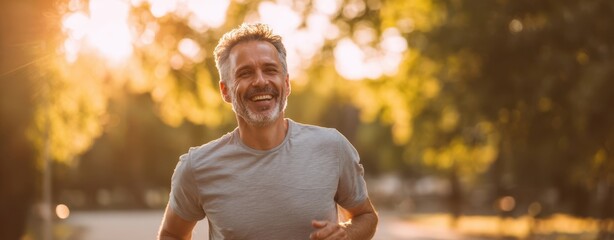 The joyful man running outdoors during a beautiful sunset in nature.