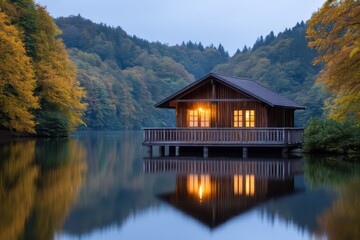 Fototapeta premium Cozy Wooden Cabin by Serene Lake Surrounded by Autumn Trees