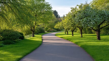Fototapeta premium Serene Pathway Through Lush Green Trees in Springtime