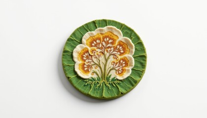 a high resolution, ultra sharp isolated fungus disc coaster made from leaf carbon textile, placed on a pure white background with no shadow or minimal soft shadows only