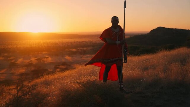 Sunset, traditional warrior and spear with silhouette of African man wearing red robe and jewelry in savannah landscape for culture, heritage and tribal identity in nature reserve