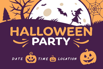 Halloween party invitation with witch silhouette, bats, pumpkins, moon, tree, and spider web on a purple background