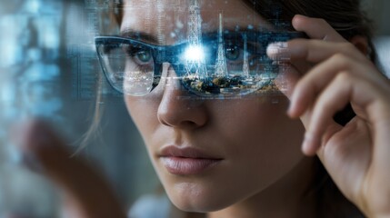 A close-up of an attractive woman's glasses, with digital elements floating above them. She is focused on the holographic display in front of her eyes, and she holds up one hand to touch it.