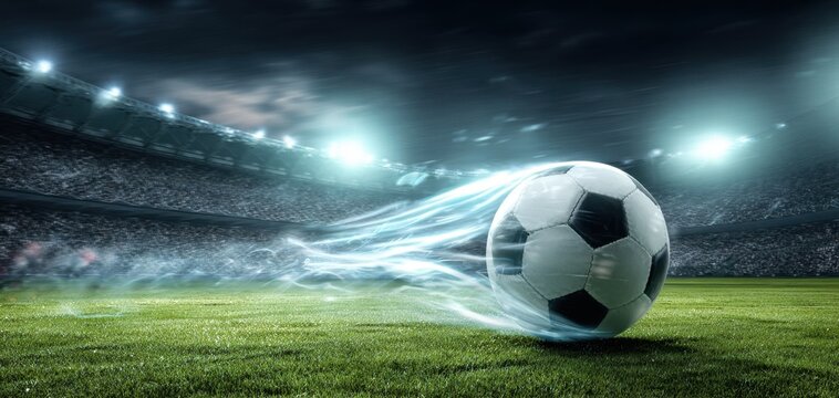 The soccer ball in motion against a vibrant stadium backdrop.