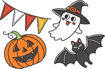 Illustration featuring a pumpkin, a ghost with a hat, a bat, and a decorative pennant banner