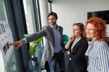 Business team reviewing project layout, business ideas.