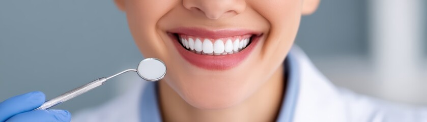 Obraz premium Bright Smiling Woman at Dental Clinic Holding Mirror Tool