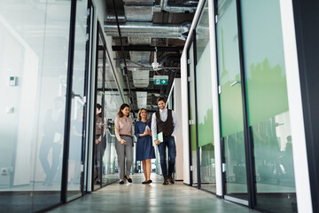 Group of coworkers walking down the office corridor.