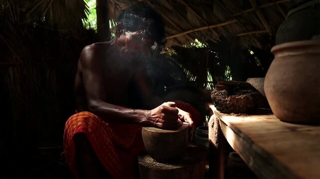 Traditional man grinding spices with stone mortar and pestle in rustic kitchen with sunlight and smoke for cultural cooking and organic preparation