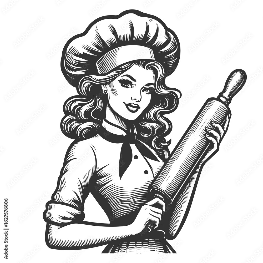 Poster smiling woman in chef attire holding a rolling pin sketch engraving generative ai fictional characte