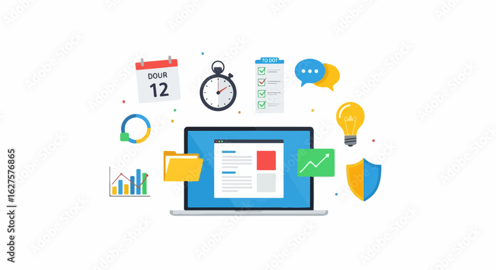 Poster modern laptop showing business dashboard and productivity icons, perfect for illustrating project ma