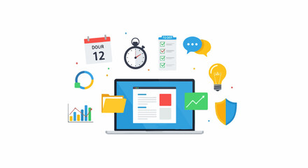 Modern laptop showing business dashboard and productivity icons, perfect for illustrating project management and digital workflow concepts