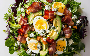 Delicious cobb salad recipe with bacon avocado and blue cheese close up